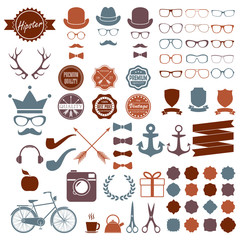 Hipster icons set. Vintage and hipster style signs collection. Retro design infographic elements: sunglasses, frames, labels, mustaches, arrows, ribbons. Colorful vector illustration.