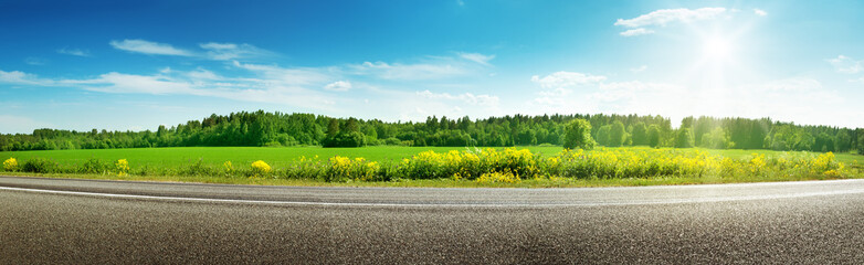 panorama de route asphaltée dans la campagne le jour de printemps ensoleillé