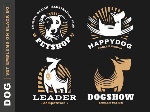 Set logo illustration dog, pet emblem design on black background