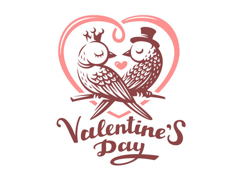 Happy Valentine Day Lettering with birds logo, vector illustration, emblem design on white background