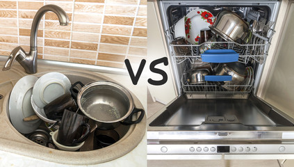 Dirty sink with kitchenware, utensil, dishes. Open dishwasher wi