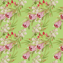 Watercolor seamless floral pattern on a green background