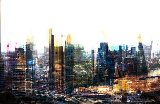 City of London at sunset,  Multiple exposure image with night lights reflections. 