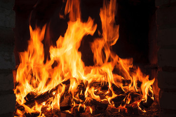 bright fire flames in fireplace