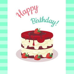 Happy Birthday Cake with Strawberries Isolated.