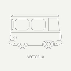 Line flat plain vector icon minibus taxi car. Commercial vehicle. Cartoon vintage style. Transportation. Traveling family van. Trip over long distance. Road. Illustration and element for your design.