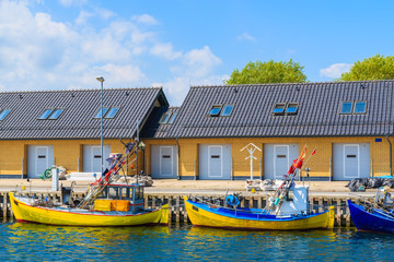 Colorful fishing boats anchoring in Kuznica port on Hel peninsula, Baltic Sea, Poland - obrazy, fototapety, plakaty