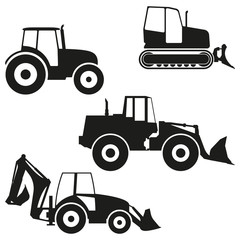 Tractor icon set isolated on white background. Tractor grader, bulldozer silhouette. Vector illustration.