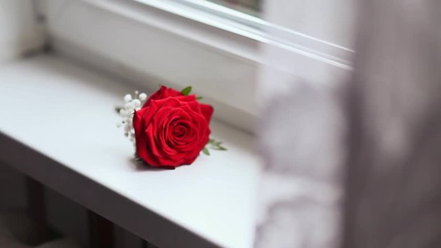 Groom takes the wedding rings and flower. Preparation for the celebration. Close-up.