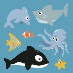 Cartoon Fish and Marine Animals Illustration Set