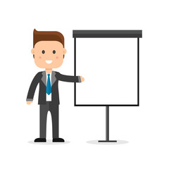 Businessman in suit and tie making presentation  on a white board. Business manager seminar. Flat style vector illustration isolated on white background.