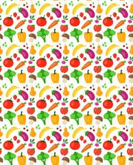 Beautiful seamless pattern with fruit and vegetables. Vector pattern illustration icons. Isolated on white background