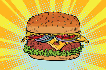 Retro juicy delicious Burger with meat and salad - obrazy, fototapety, plakaty