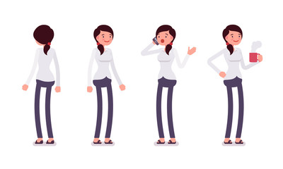 Set of female clerk in standing poses, rear, front view
