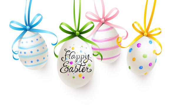 Group of hanging easter eggs painted with colorful pattern, lettering and curled bows - Happy Easter