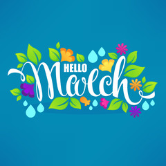 Fototapeta na wymiar Hello March, vector banner design template with images of green