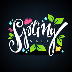 Spring Sale, vector lettering composition, with images of leaves