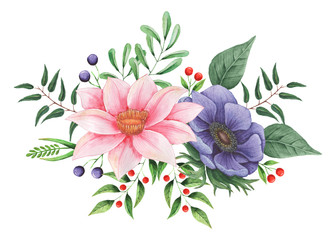 Hand painted watercolor charming combination of Flowers and Leaves