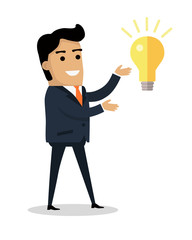 Man with Bulb Lamp Isolated. Boy Find Solution