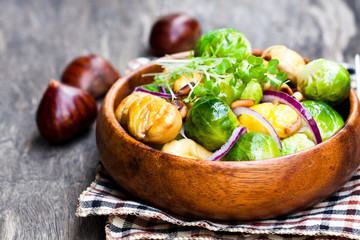 Christmas  meal with brussels sprouts and roasted chestnuts