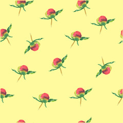 Pink peony bud on yellow background. Seamless watercolor pattern