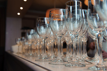 Close up empty glasses in restaurant natural light
