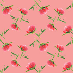 Pink peony bud on pink background. Seamless watercolor pattern
