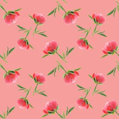 Fotobehang Pink peony bud on pink background. Seamless watercolor pattern © Shanserika