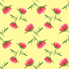 Pink peony bud on yellow background. Seamless watercolor pattern