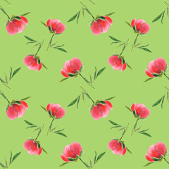 Fototapeta na wymiar Pink peony bud on green background. Seamless watercolor pattern