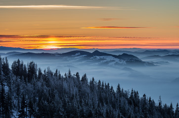 Morning panorama from Luban peak in Gorce mountains, Poland