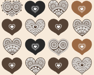Valentine's seamless pattern with lace hearts. Mehndi style