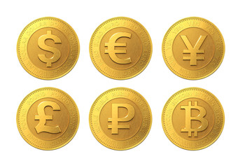 Set of golden coins with dollar, euro, pound sterling, ruble, bitcoin and yen signs. 3d rendering.