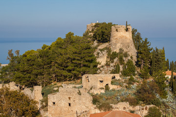 Fototapeta na wymiar Ruins of the medieval castle in Kyparissia, Peloponnese, Greece