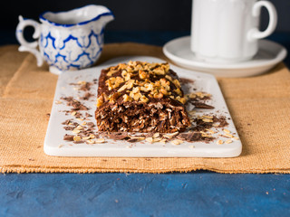 Chocolate home made cake with rolled oats, walnut, banana. Healthy Diet baking treat