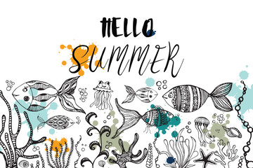 Fototapeta premium Doodles abstract decorative summer vector frame.