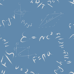 Seamless pattern. Physical formulas written in white on a blue background