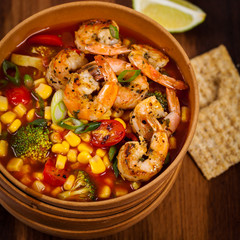 Shrimp Soup With Tomato, Broccoli and Corn. Selective focus.
