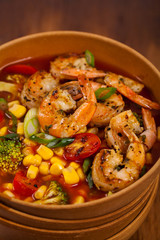 Shrimp Soup With Tomato, Broccoli and Corn. Selective focus.