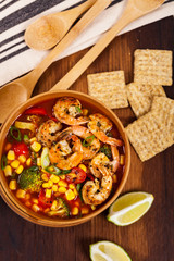Shrimp Soup With Tomato, Broccoli and Corn. Selective focus.