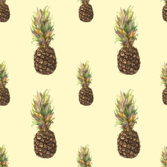 Pineapple ananas with colorful leaves on yellow background. Seamless watercolor pattern