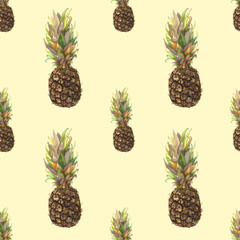 Fototapeta premium Pineapple ananas with colorful leaves on yellow background. Seamless watercolor pattern