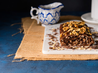 Chocolate home made cake with rolled oats, walnut, banana. Healthy Diet baking treat