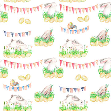 Seamless pattern with watercolor Easter rabbits in grass, eggs and garlands with flags, hand drawn on a white background