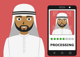 Biometrical identification. Facial recognition system concept. Mobile app for face recognition. Arab man. Vector illustration
