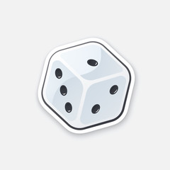 Vector illustration. One white dice. Gambling symbol. Cartoon sticker in comics style with contour. Decoration for greeting cards, posters, patches, prints for clothes, emblems