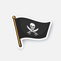 Vector illustration. Pirate flag with Jolly Roger and crossed sabers. Cartoon sticker in comics style with contour. Decoration for greeting cards, posters, patches, prints for clothes, emblems
