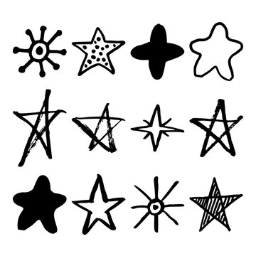 Set of hand drawn and traced vector stars in various styles.