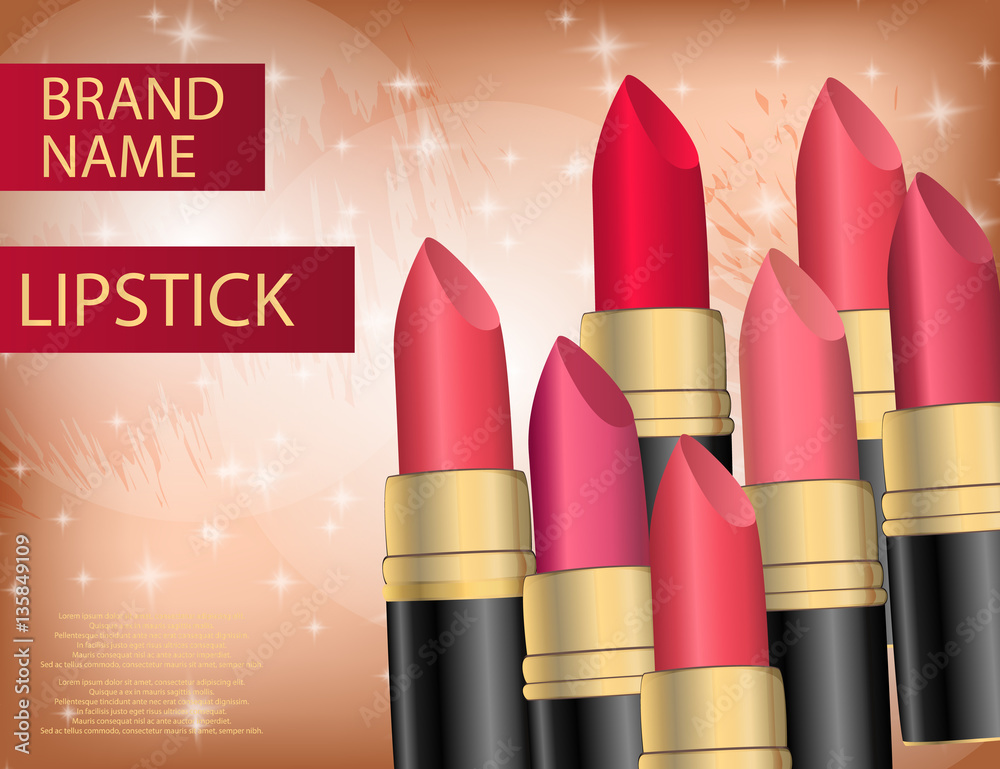 Wall mural glamorous colorful lipstick set on the sparkling effects backgr