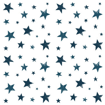 Textured stars background, pattern, wallpaper. Grunge space halftone texture. Blue galaxy star set. Hand drawn vector illustration